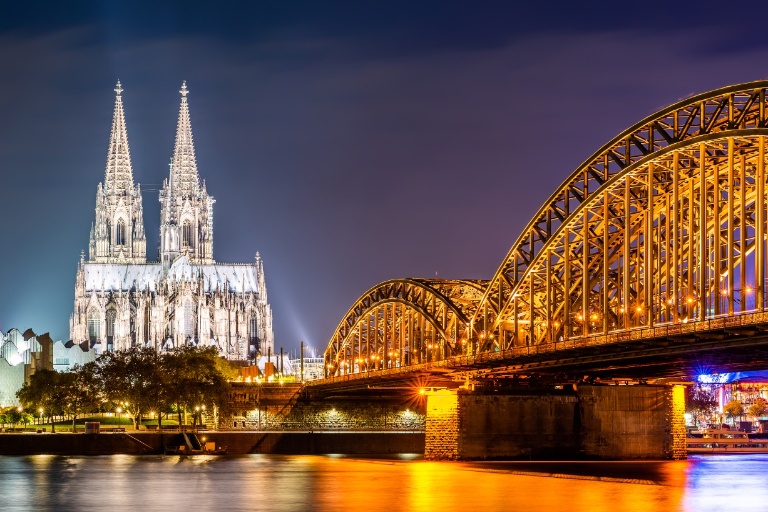 The Cologne Cathedral in Cologne, Germany, at night.